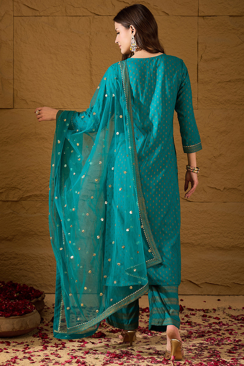 Teal Viscose Rayon Ethnic Motifs Printed Straight Suit Set PKSKD2779