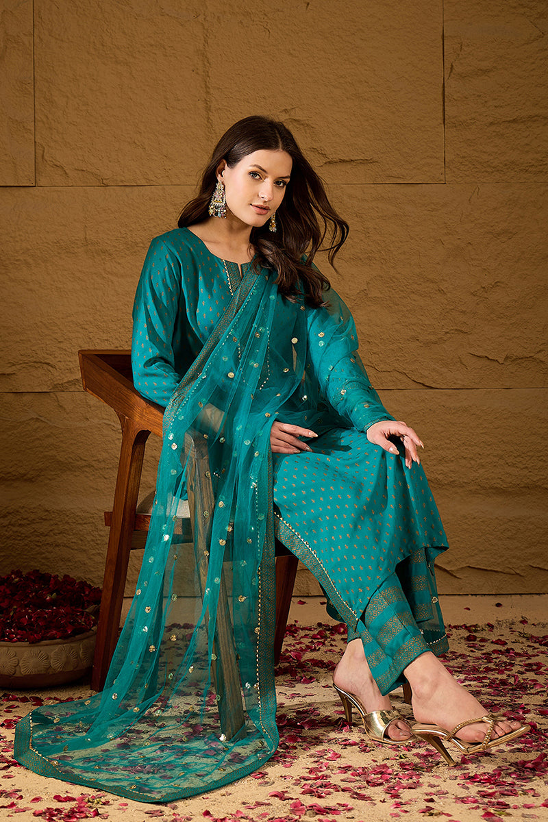 Teal Viscose Rayon Ethnic Motifs Printed Straight Suit Set PKSKD2779