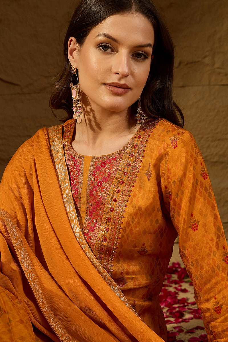 Mustard Ikat Woven Design Pure Silk Straight Suit Set PKSKD2782