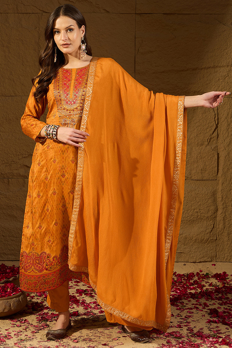 Mustard Ikat Woven Design Pure Silk Straight Suit Set PKSKD2782