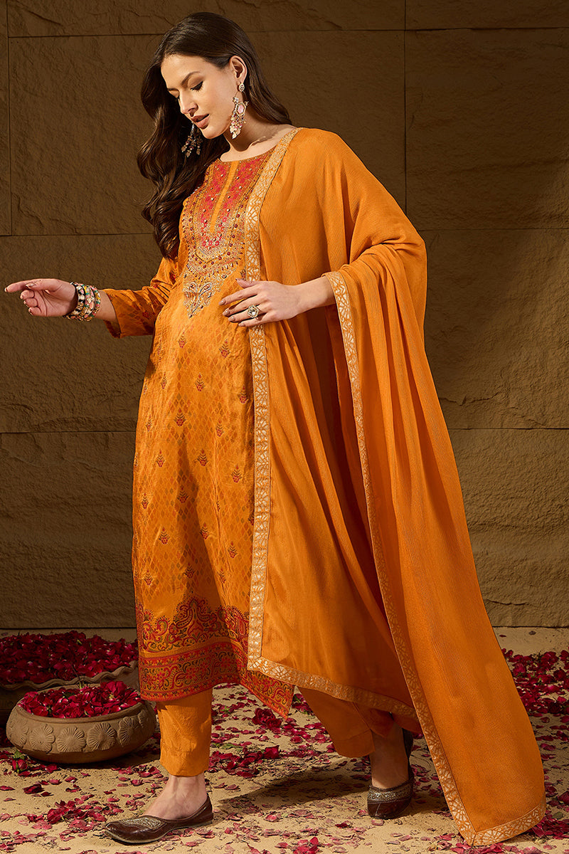 Mustard Ikat Woven Design Pure Silk Straight Suit Set PKSKD2782