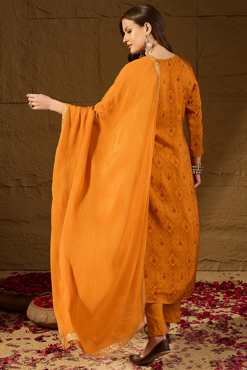 Mustard Ikat Woven Design Pure Silk Straight Suit Set PKSKD2782