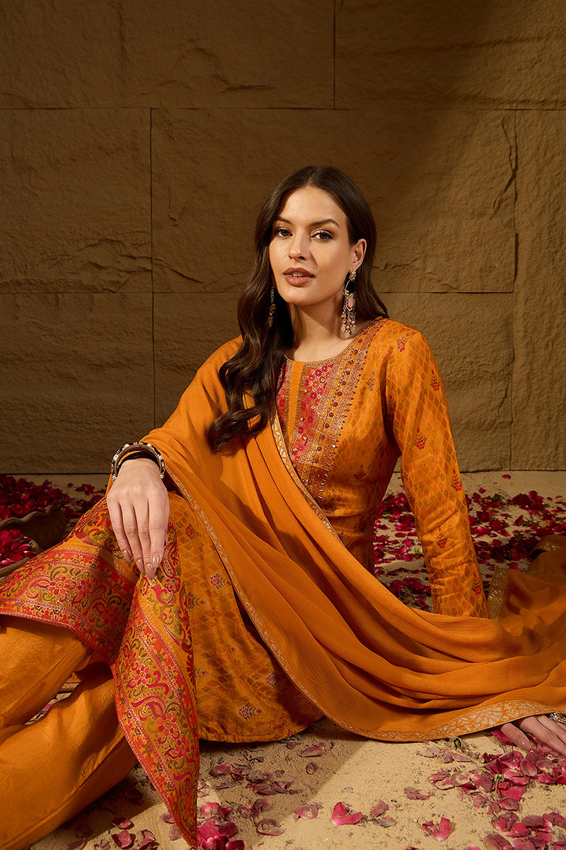 Mustard Ikat Woven Design Pure Silk Straight Suit Set PKSKD2782