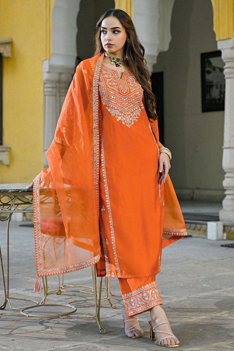 Orange Silk Blend Solid Embroidered Straight Suit Set PKSKD2839
