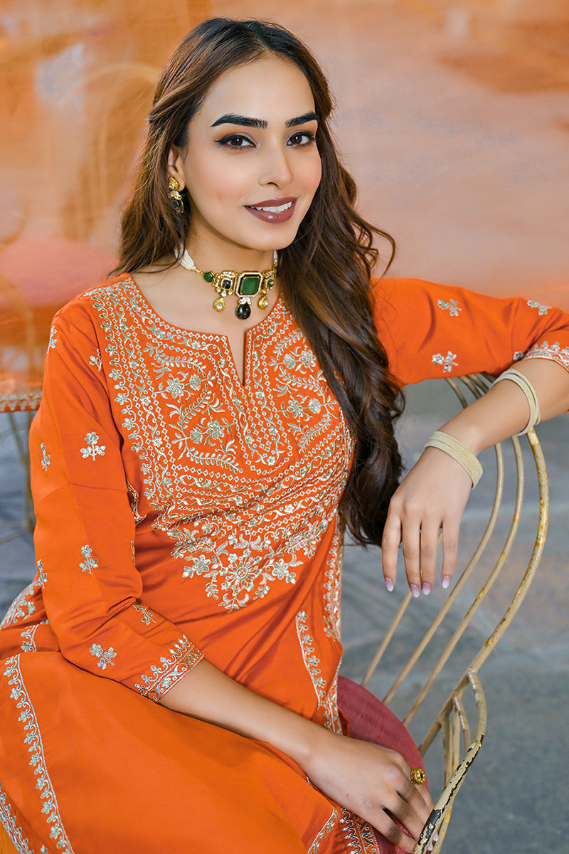 Orange Silk Blend Solid Embroidered Straight Suit Set PKSKD2839