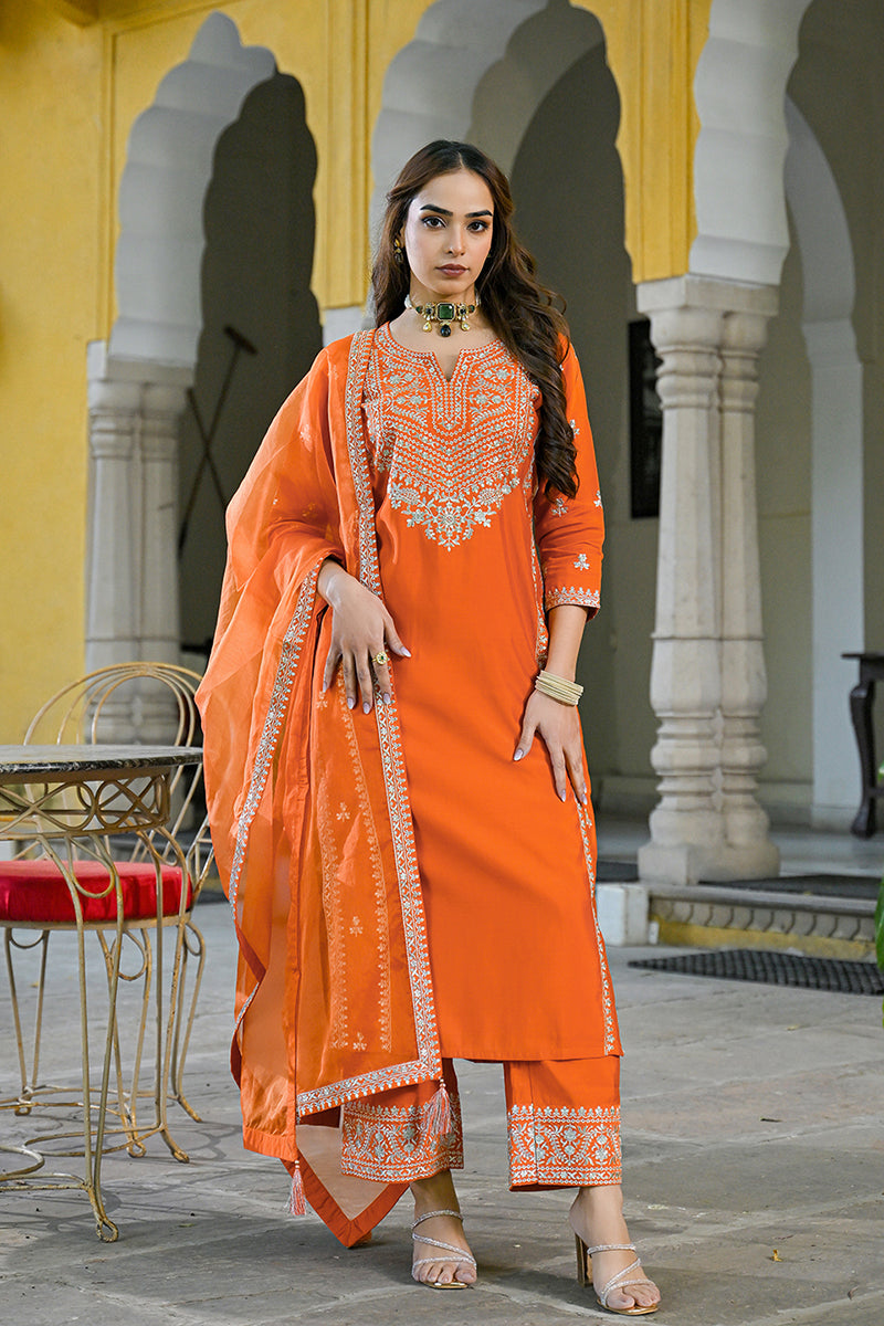 Orange Silk Blend Solid Embroidered Straight Suit Set PKSKD2839