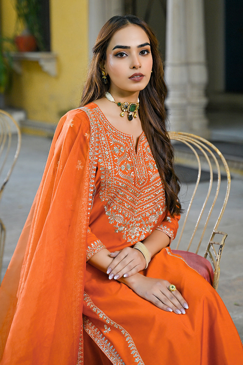 Orange Silk Blend Solid Embroidered Straight Suit Set PKSKD2839