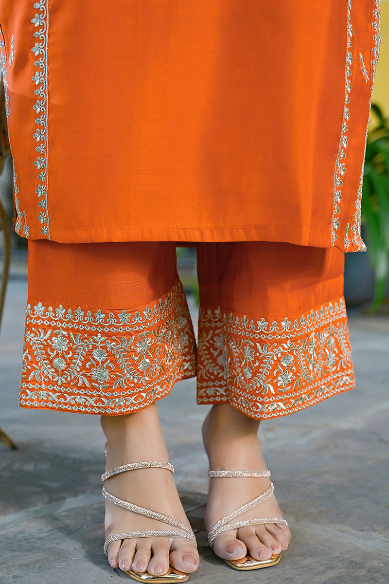 Orange Silk Blend Solid Embroidered Straight Suit Set PKSKD2839