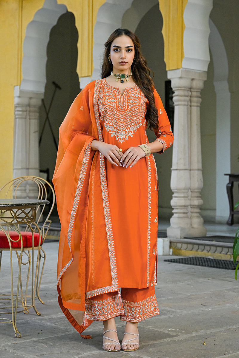Orange Silk Blend Solid Embroidered Straight Suit Set PKSKD2839