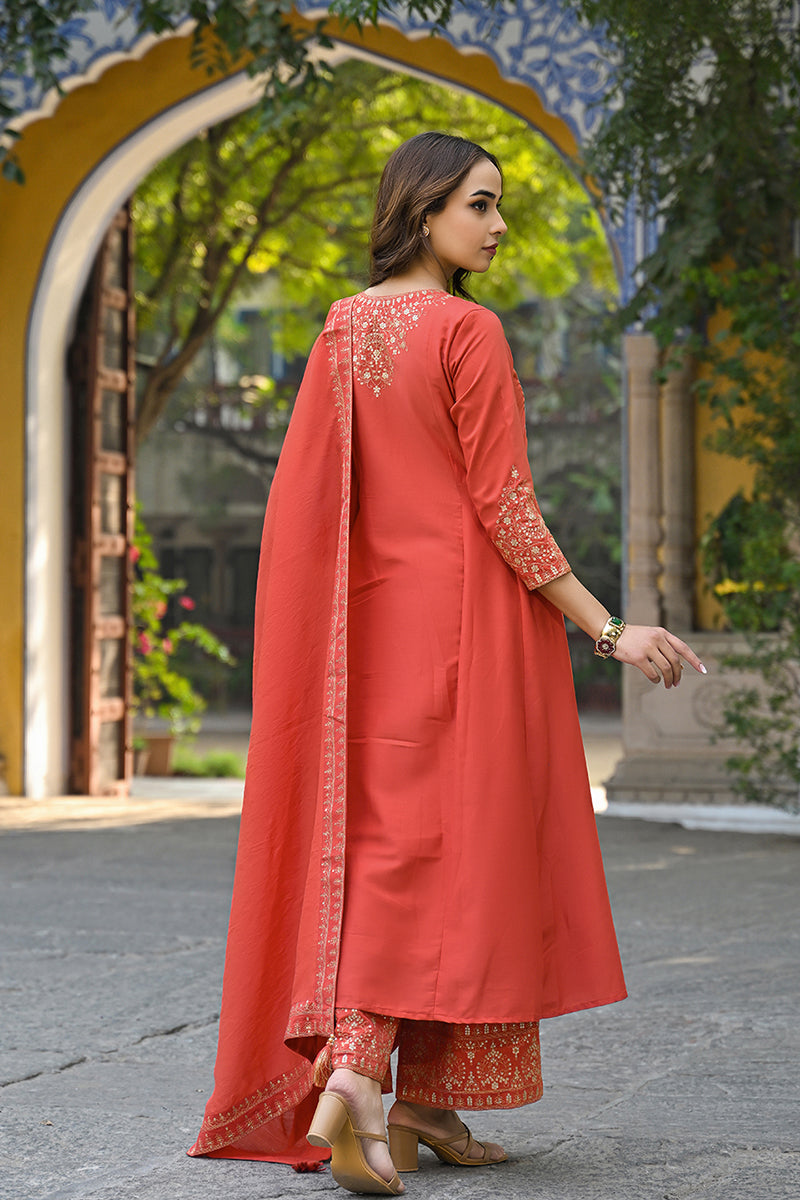 Orange Silk Blend Solid Embroidered Anarkali Suit Set PKSKD2858