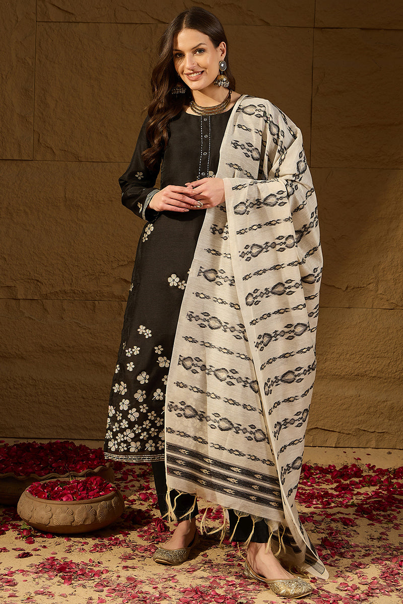 Black Poly Chanderi Solid Embroidered Straight Kurta Bottom and Dupatta PKSKD2900