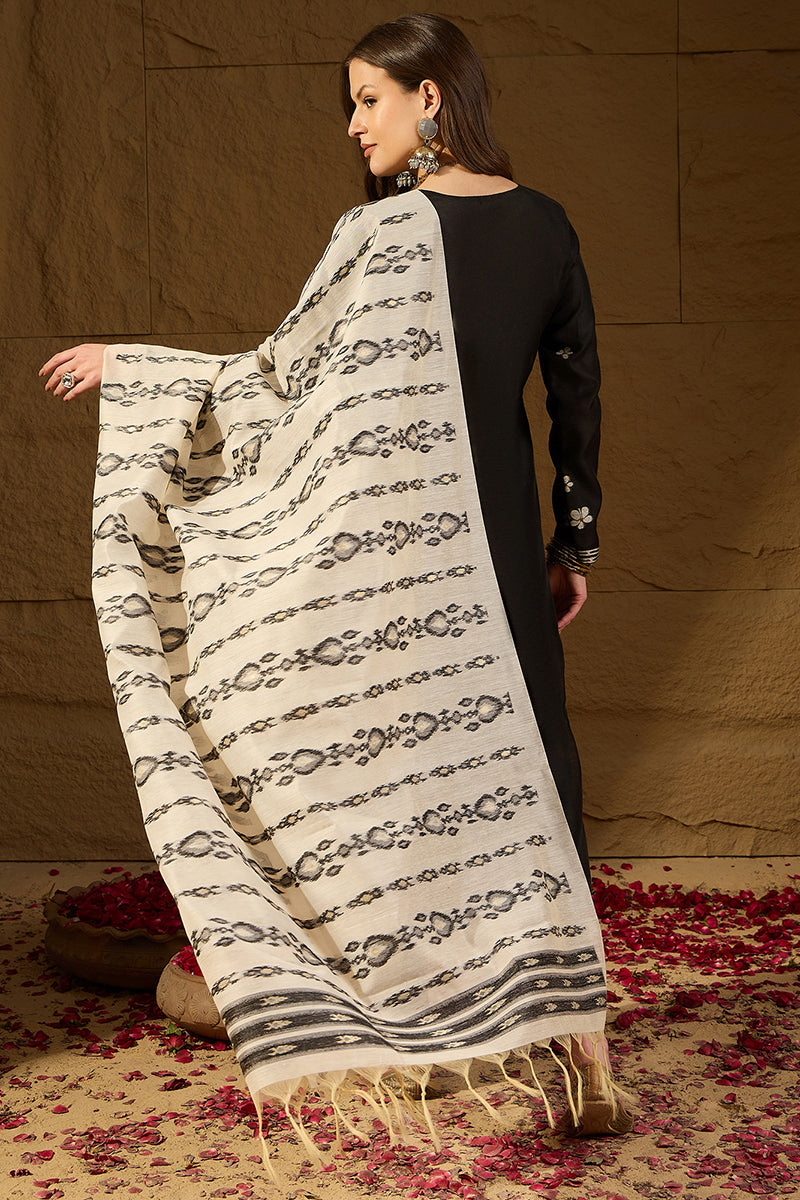 Black Poly Chanderi Solid Embroidered Straight Kurta Bottom and Dupatta PKSKD2900
