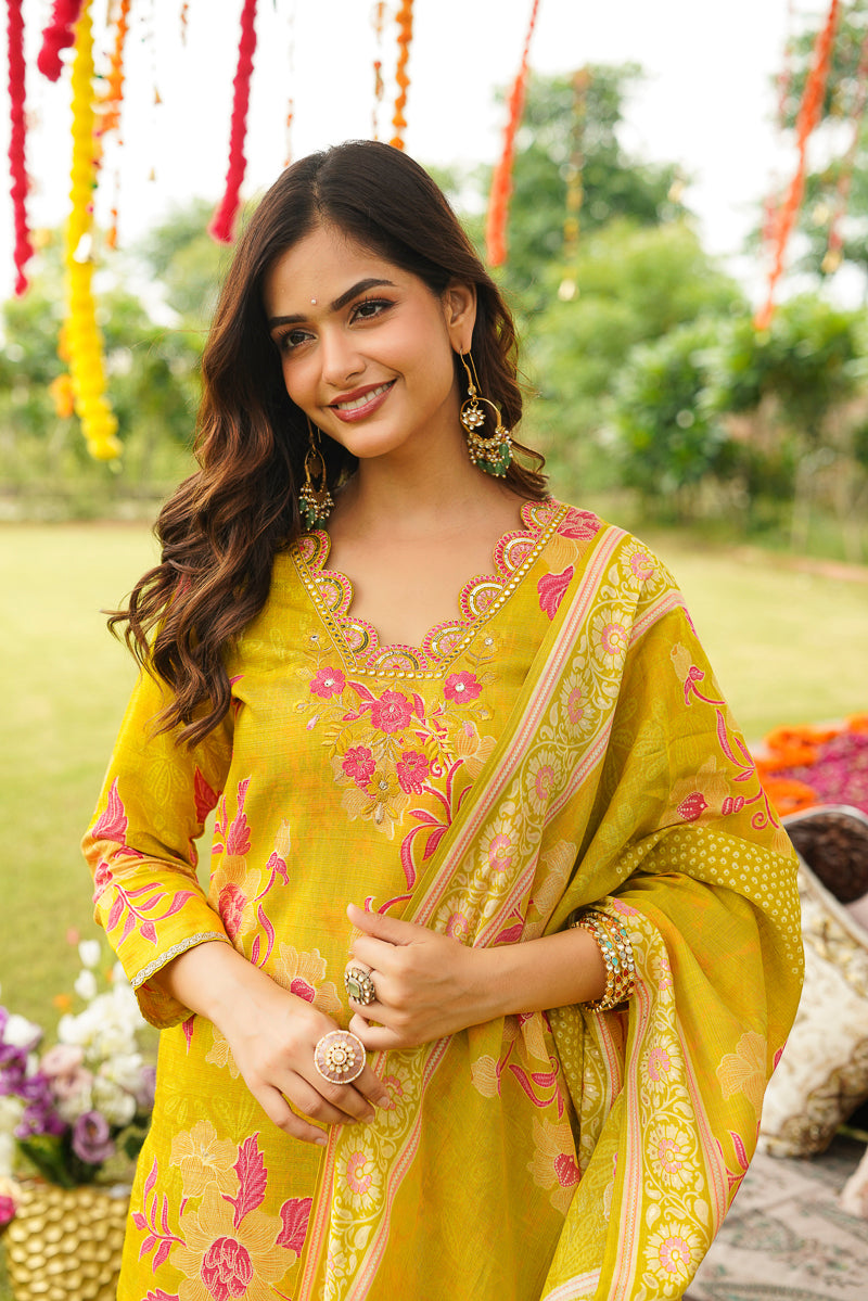 Yellow Viscose Rayon Floral Embroidered Straight Kurta Trousers With Dupatta PKSKD3052