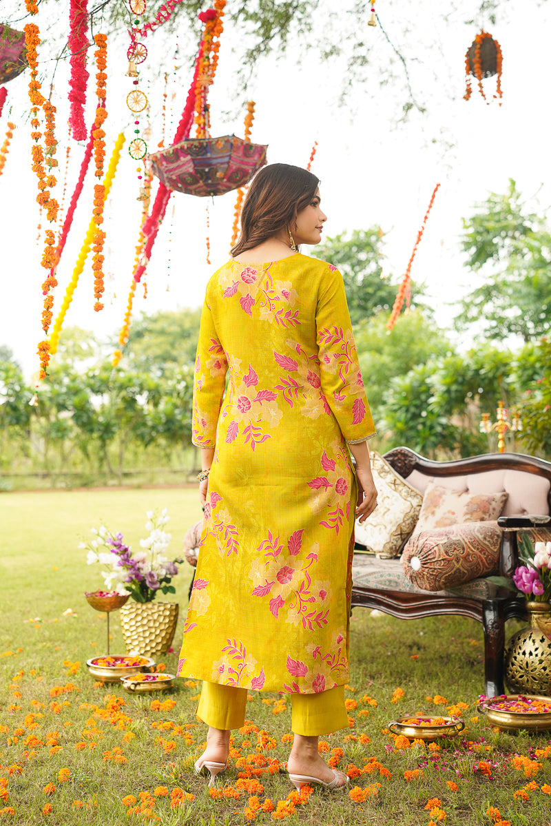 Yellow Viscose Rayon Floral Embroidered Straight Kurta Trousers With Dupatta PKSKD3052