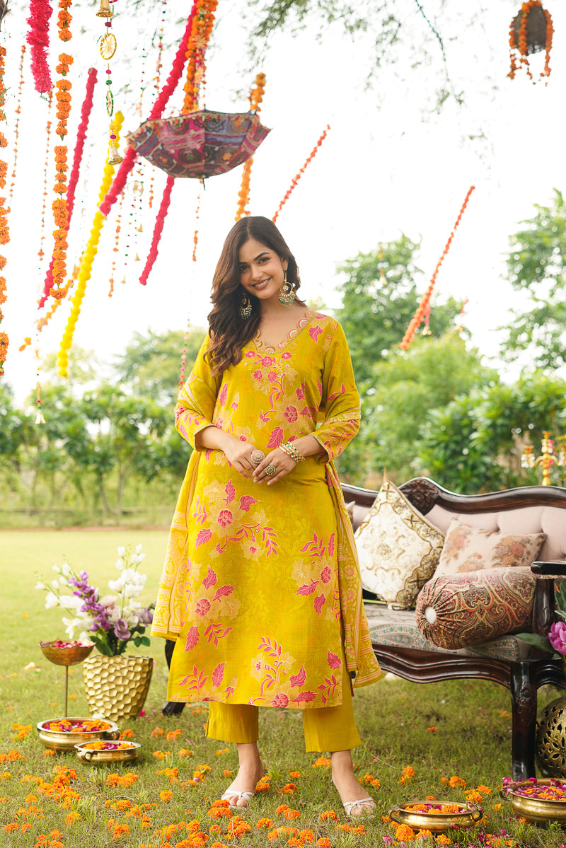 Yellow Viscose Rayon Floral Embroidered Straight Kurta Trousers With Dupatta PKSKD3052