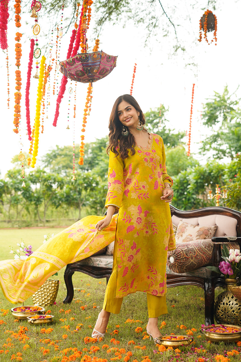 Yellow Viscose Rayon Floral Embroidered Straight Kurta Trousers With Dupatta PKSKD3052