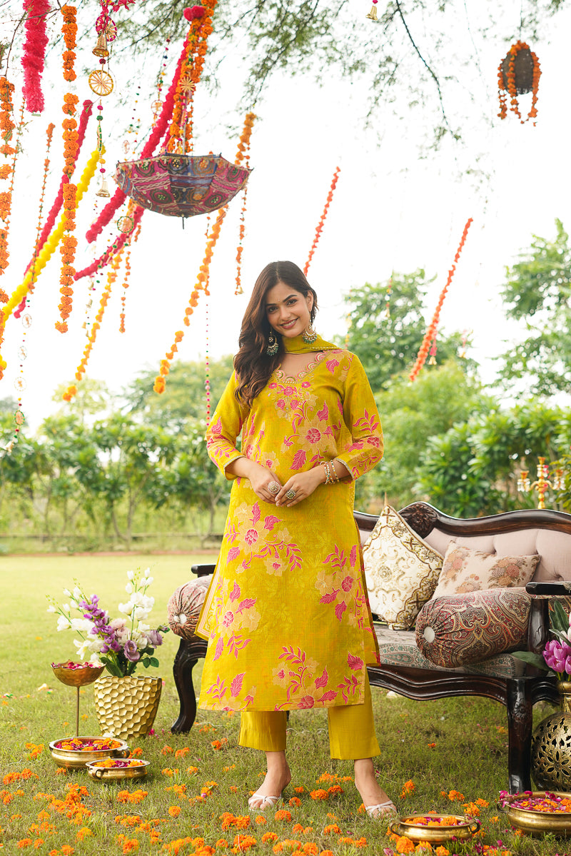 Yellow Viscose Rayon Floral Embroidered Straight Kurta Trousers With Dupatta PKSKD3052