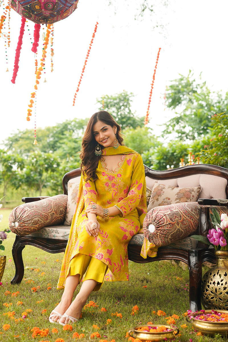 Yellow Viscose Rayon Floral Embroidered Straight Kurta Trousers With Dupatta PKSKD3052