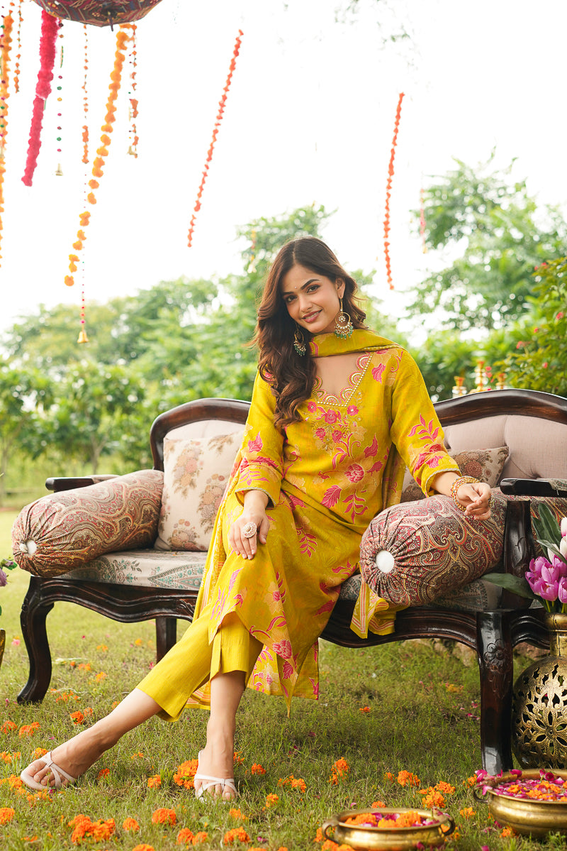 Yellow Viscose Rayon Floral Embroidered Straight Kurta Trousers With Dupatta PKSKD3052