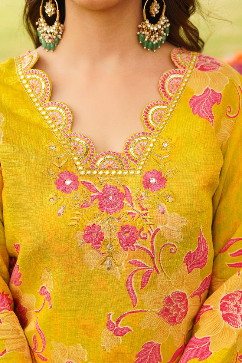 Yellow Viscose Rayon Floral Embroidered Straight Kurta Trousers With Dupatta PKSKD3052