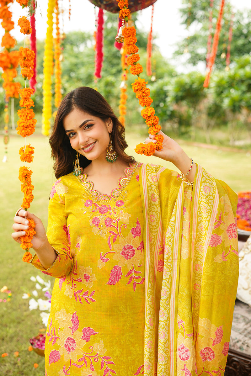 Yellow Viscose Rayon Floral Embroidered Straight Kurta Trousers With Dupatta PKSKD3052