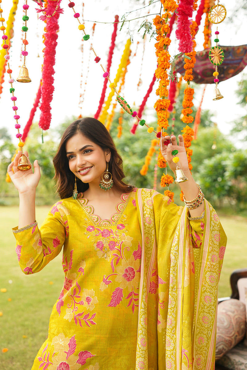 Yellow Viscose Rayon Floral Embroidered Straight Kurta Trousers With Dupatta PKSKD3052
