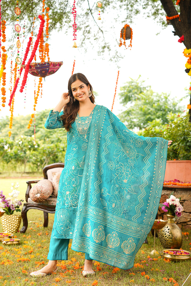 Blue Viscose Rayon Floral Embroidered Straight Kurta Trousers With Dupatta PKSKD3077