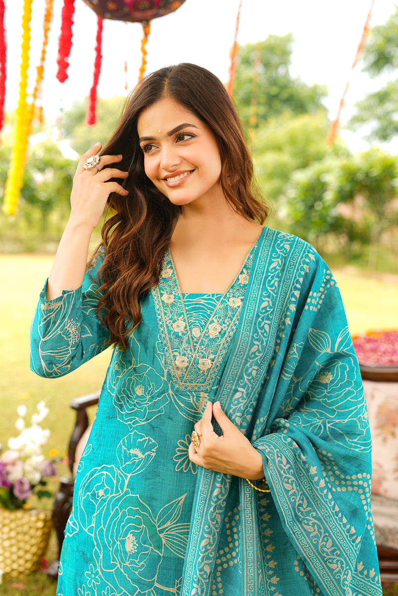 Blue Viscose Rayon Floral Embroidered Straight Kurta Trousers With Dupatta PKSKD3077