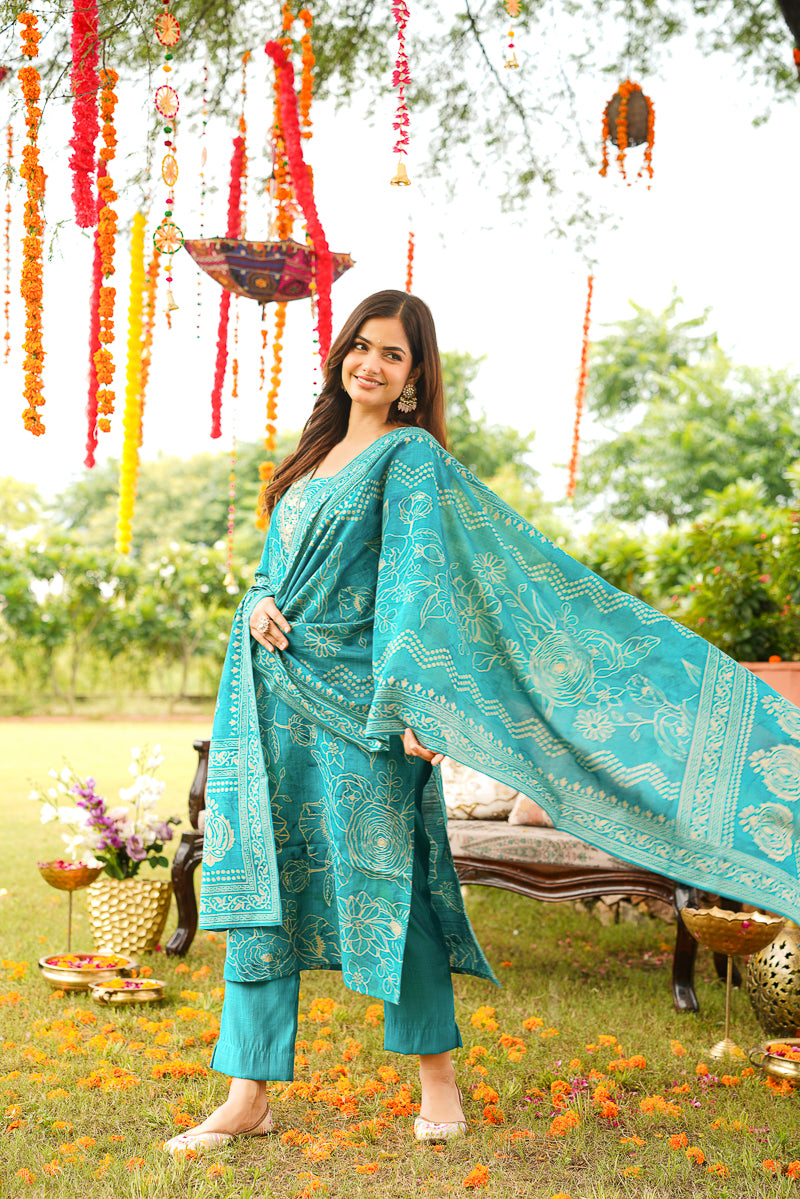 Blue Viscose Rayon Floral Embroidered Straight Kurta Trousers With Dupatta PKSKD3077