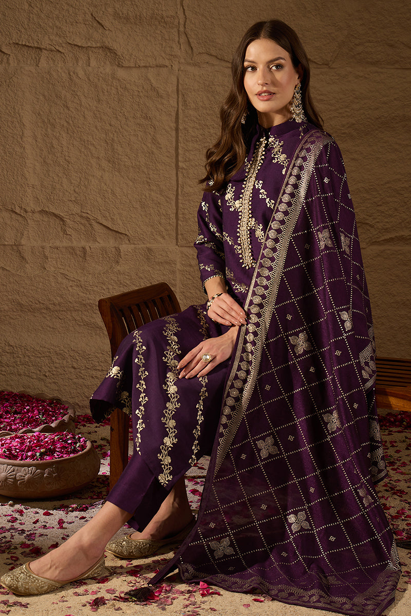 Purple Silk Blend Floral Foil Printed Straight Kurta Sets SKSKD3041