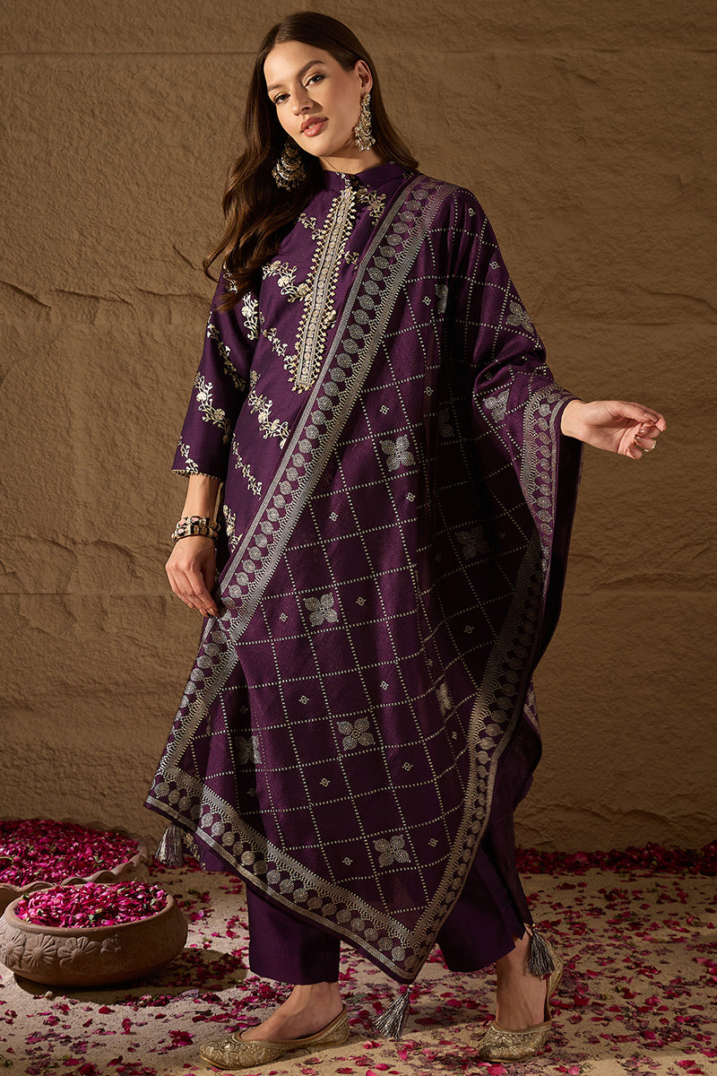 Purple Silk Blend Floral Foil Printed Straight Kurta Sets SKSKD3041