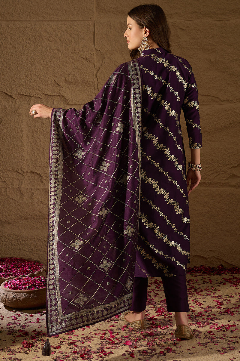 Purple Silk Blend Floral Foil Printed Straight Kurta Sets SKSKD3041
