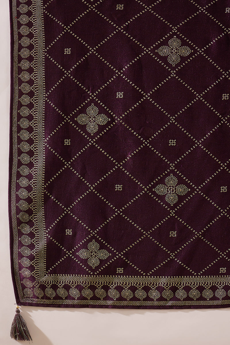 Purple Silk Blend Floral Foil Printed Straight Kurta Sets SKSKD3041