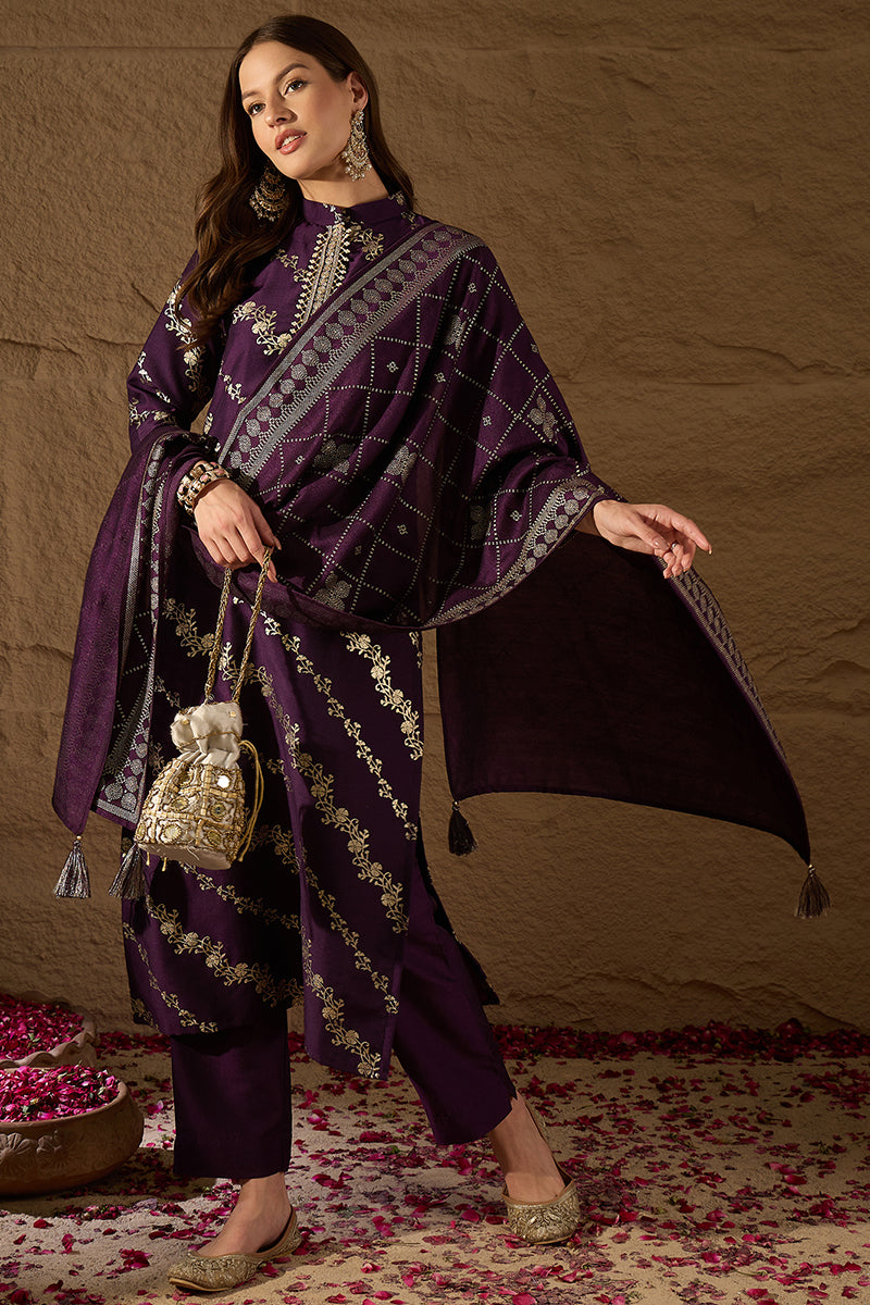 Purple Silk Blend Floral Foil Printed Straight Kurta Sets SKSKD3041