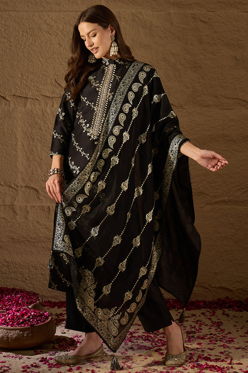 Black Silk Blend Floral Foil Printed Straight Kurta Sets SKSKD3042