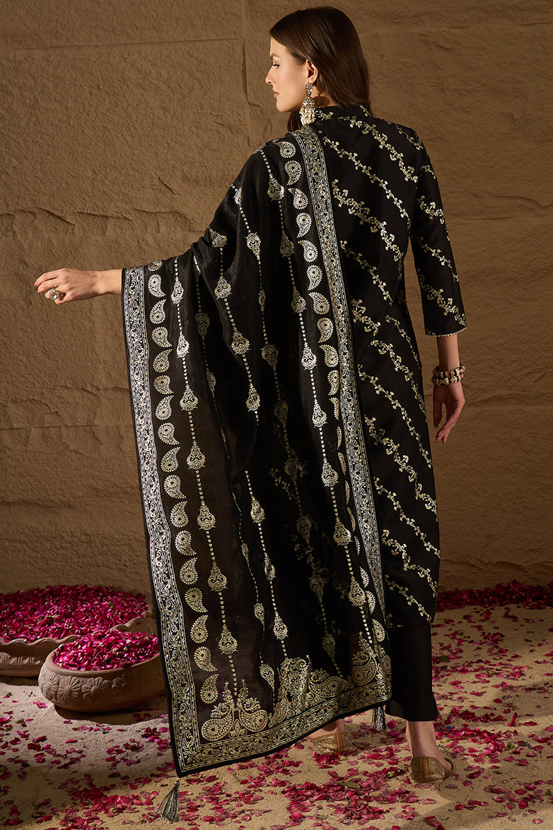 Black Silk Blend Floral Foil Printed Straight Kurta Sets SKSKD3042