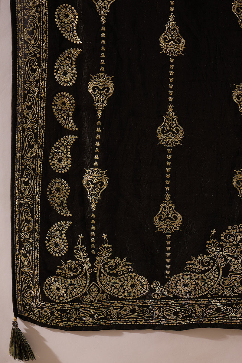 Black Silk Blend Floral Foil Printed Straight Kurta Sets SKSKD3042