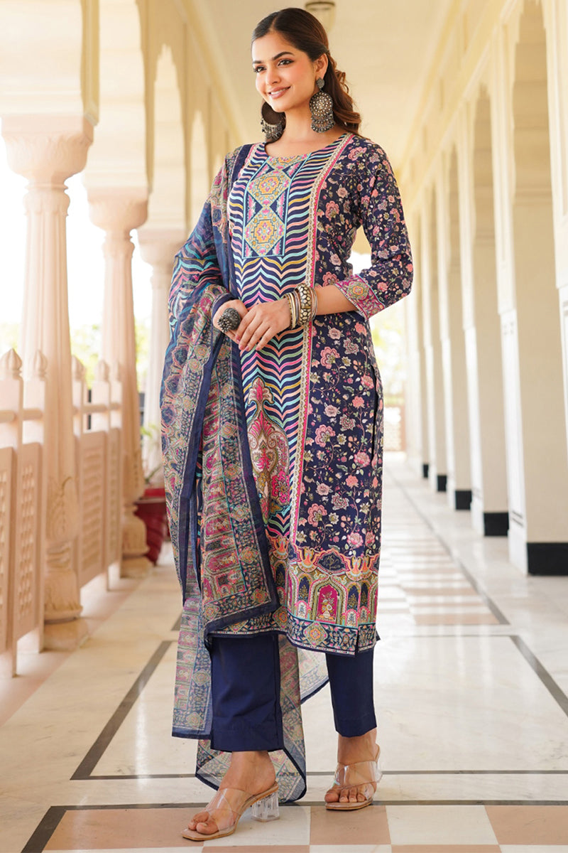 Blue Rayon Blend Ethnic Motifs Printed Straight Kurta Trouser With Dupatta SKSKD3049