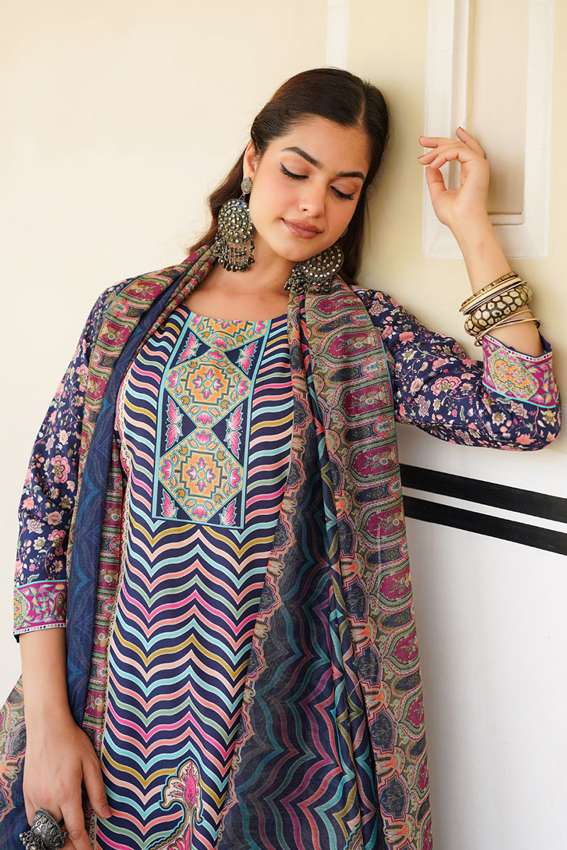 Blue Rayon Blend Ethnic Motifs Printed Straight Kurta Trouser With Dupatta SKSKD3049