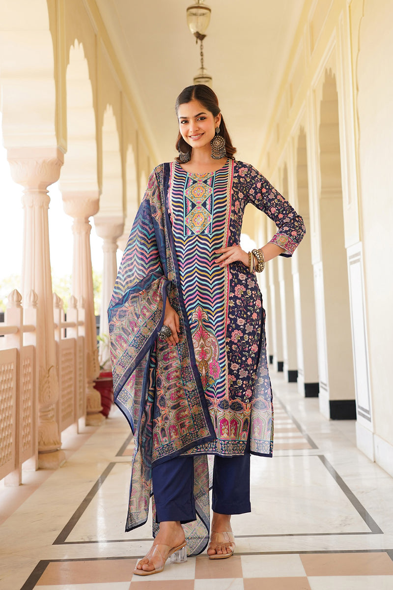 Blue Rayon Blend Ethnic Motifs Printed Straight Kurta Trouser With Dupatta SKSKD3049