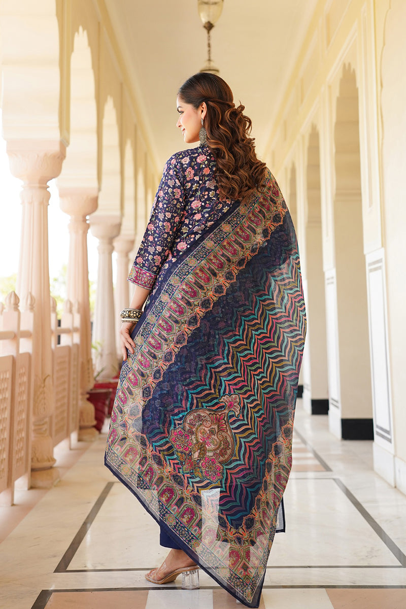 Blue Rayon Blend Ethnic Motifs Printed Straight Kurta Trouser With Dupatta SKSKD3049