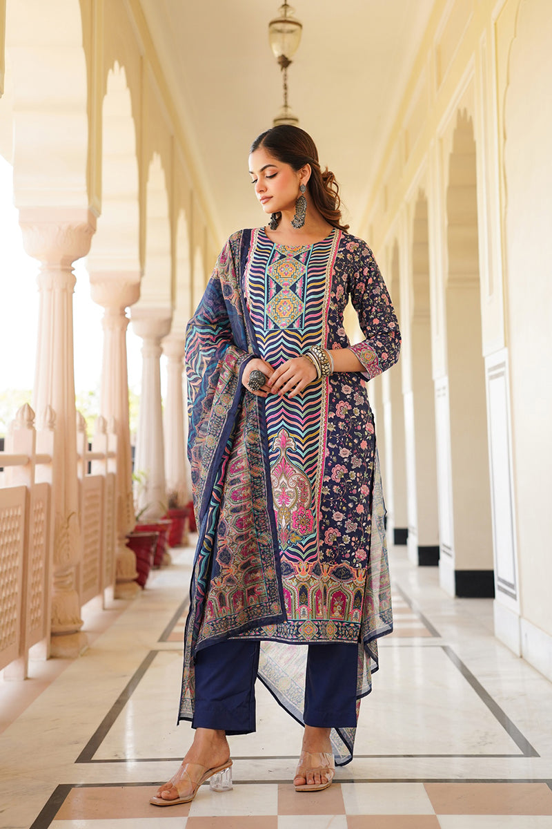 Blue Rayon Blend Ethnic Motifs Printed Straight Kurta Trouser With Dupatta SKSKD3049
