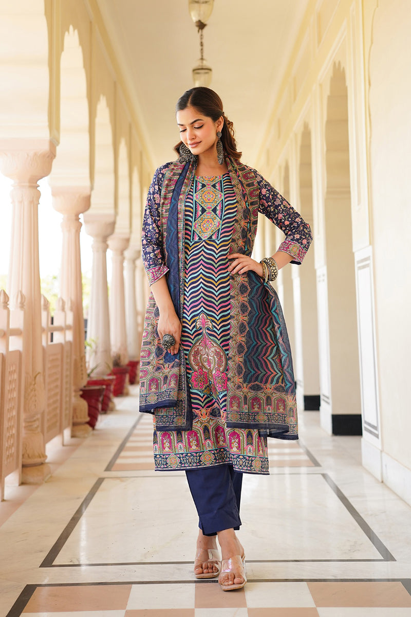 Blue Rayon Blend Ethnic Motifs Printed Straight Kurta Trouser With Dupatta SKSKD3049