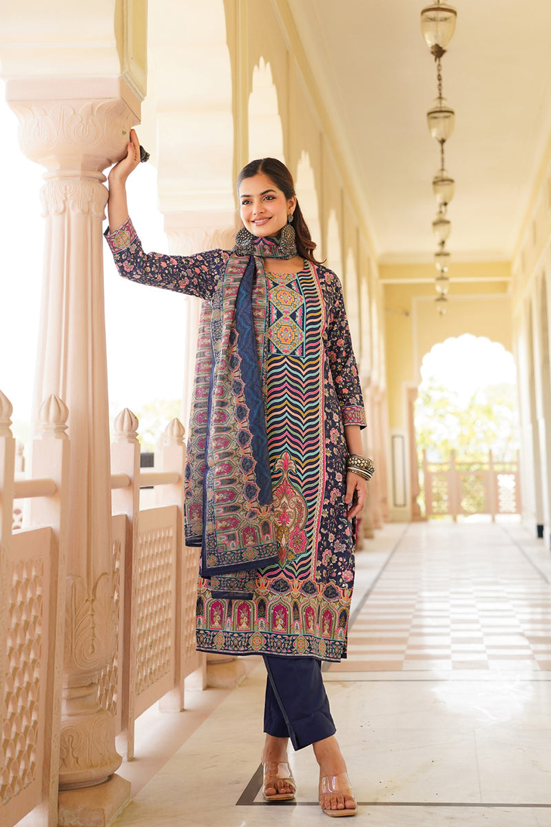 Blue Rayon Blend Ethnic Motifs Printed Straight Kurta Trouser With Dupatta SKSKD3049