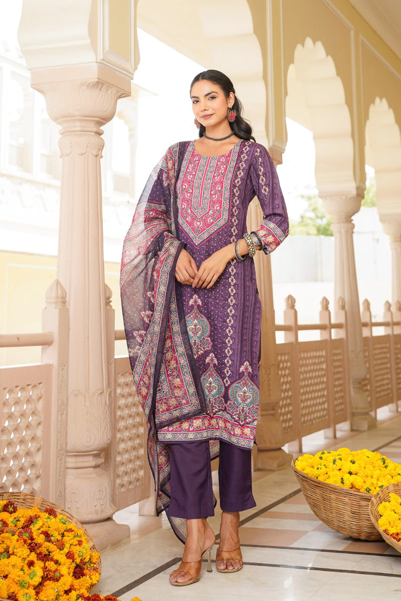 Purple Rayon Blend Ethnic Motifs Printed Straight Kurta Trouser With Dupatta SKSKD3051