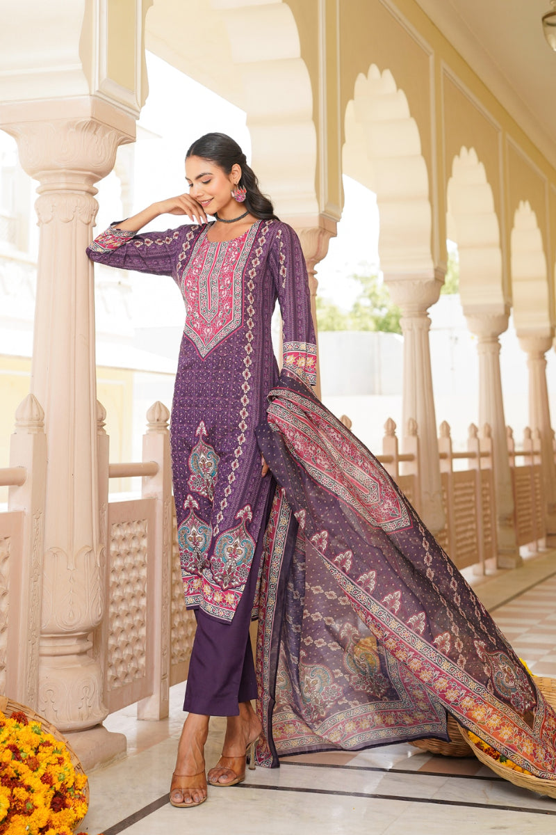 Purple Rayon Blend Ethnic Motifs Printed Straight Kurta Trouser With Dupatta SKSKD3051