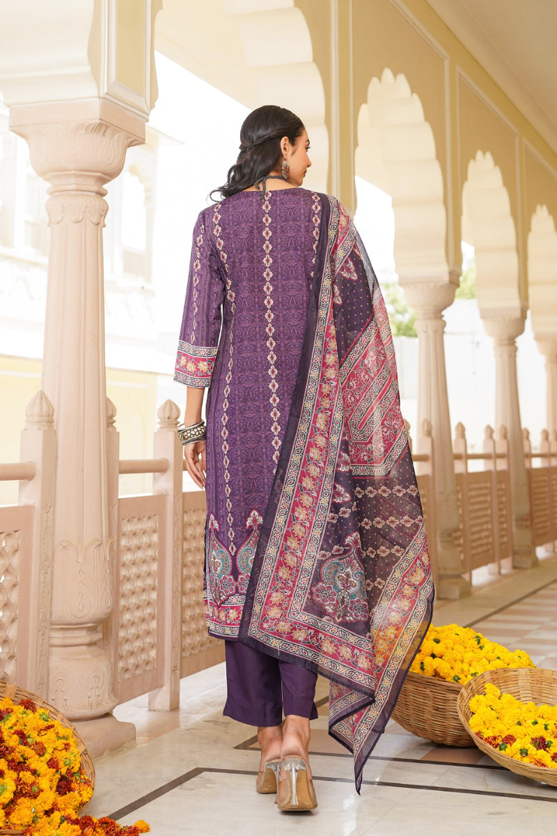 Purple Rayon Blend Ethnic Motifs Printed Straight Kurta Trouser With Dupatta SKSKD3051