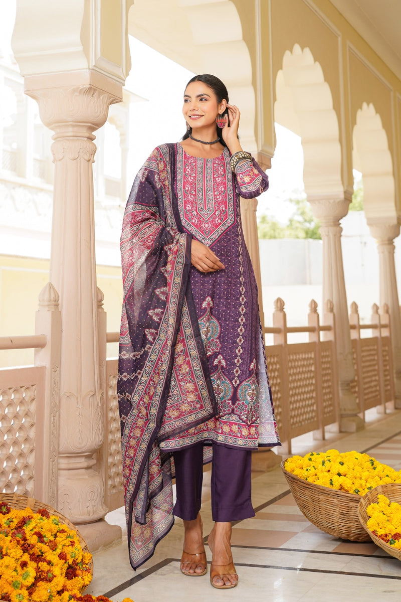 Purple Rayon Blend Ethnic Motifs Printed Straight Kurta Trouser With Dupatta SKSKD3051