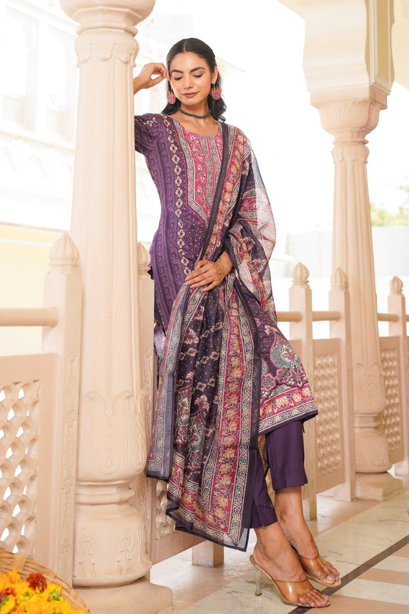Purple Rayon Blend Ethnic Motifs Printed Straight Kurta Trouser With Dupatta SKSKD3051
