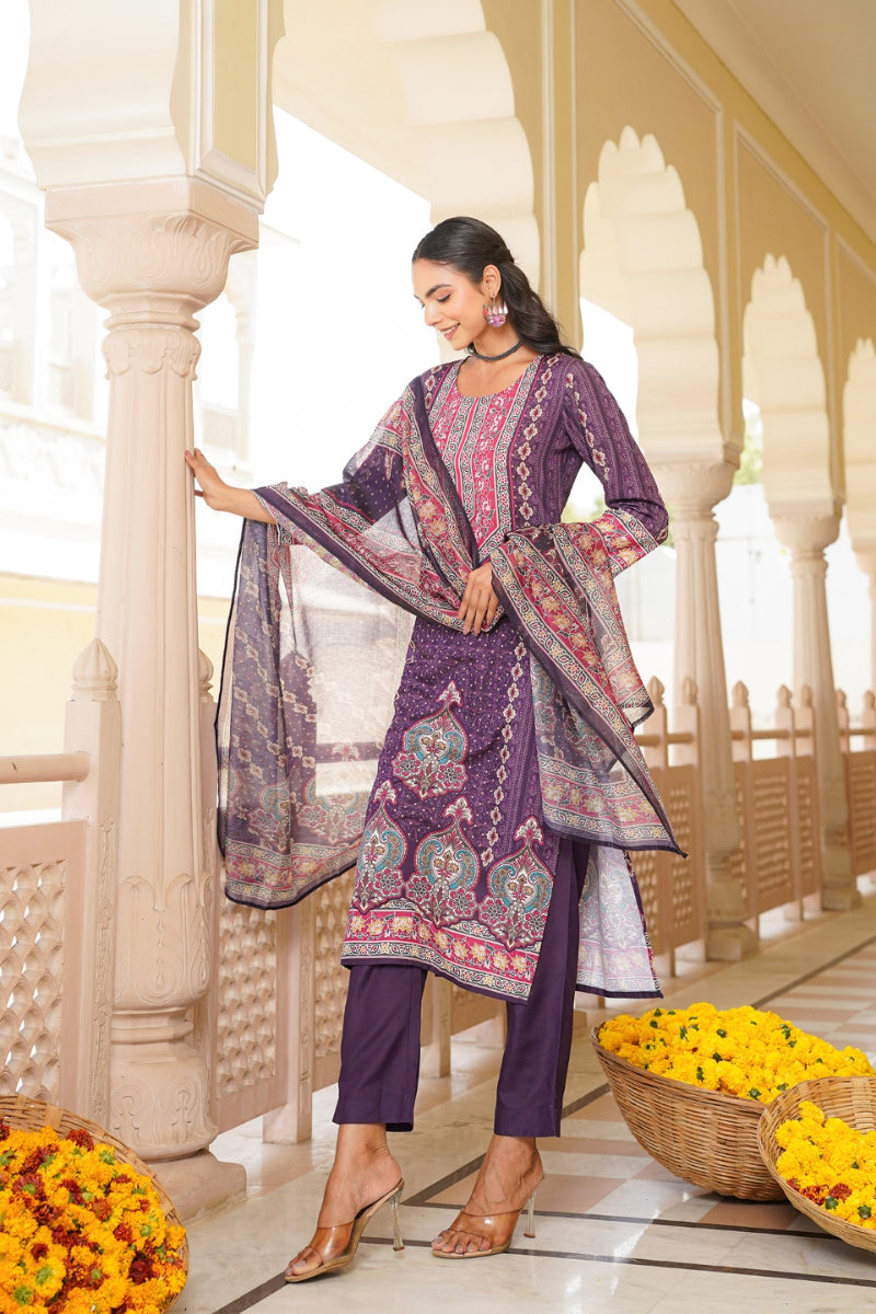 Purple Rayon Blend Ethnic Motifs Printed Straight Kurta Trouser With Dupatta SKSKD3051
